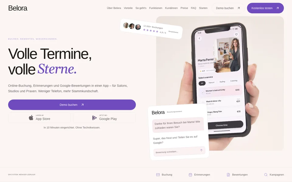Website-Demo: Belora, Buchungsplattform